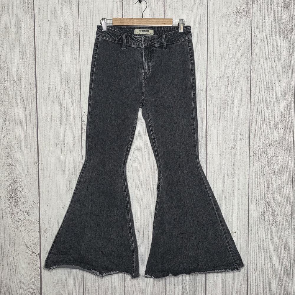 Rock & Roll Denim Jeans 28x30 Black Bargain Button Bell Super Flare Raw Hem